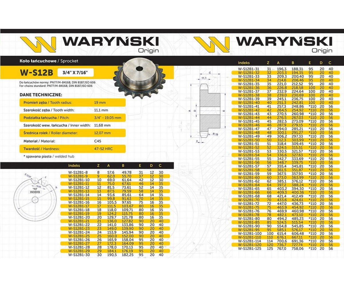 Koło zębate hartowane z kołnierzem 12B-1 (R1 3/4) Z-15 Waryński