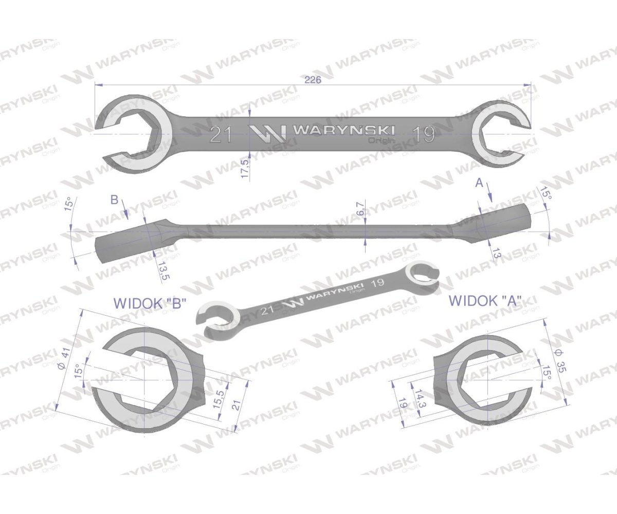 Klucz płasko oczkowy otwarty 21 x 19 Waryński