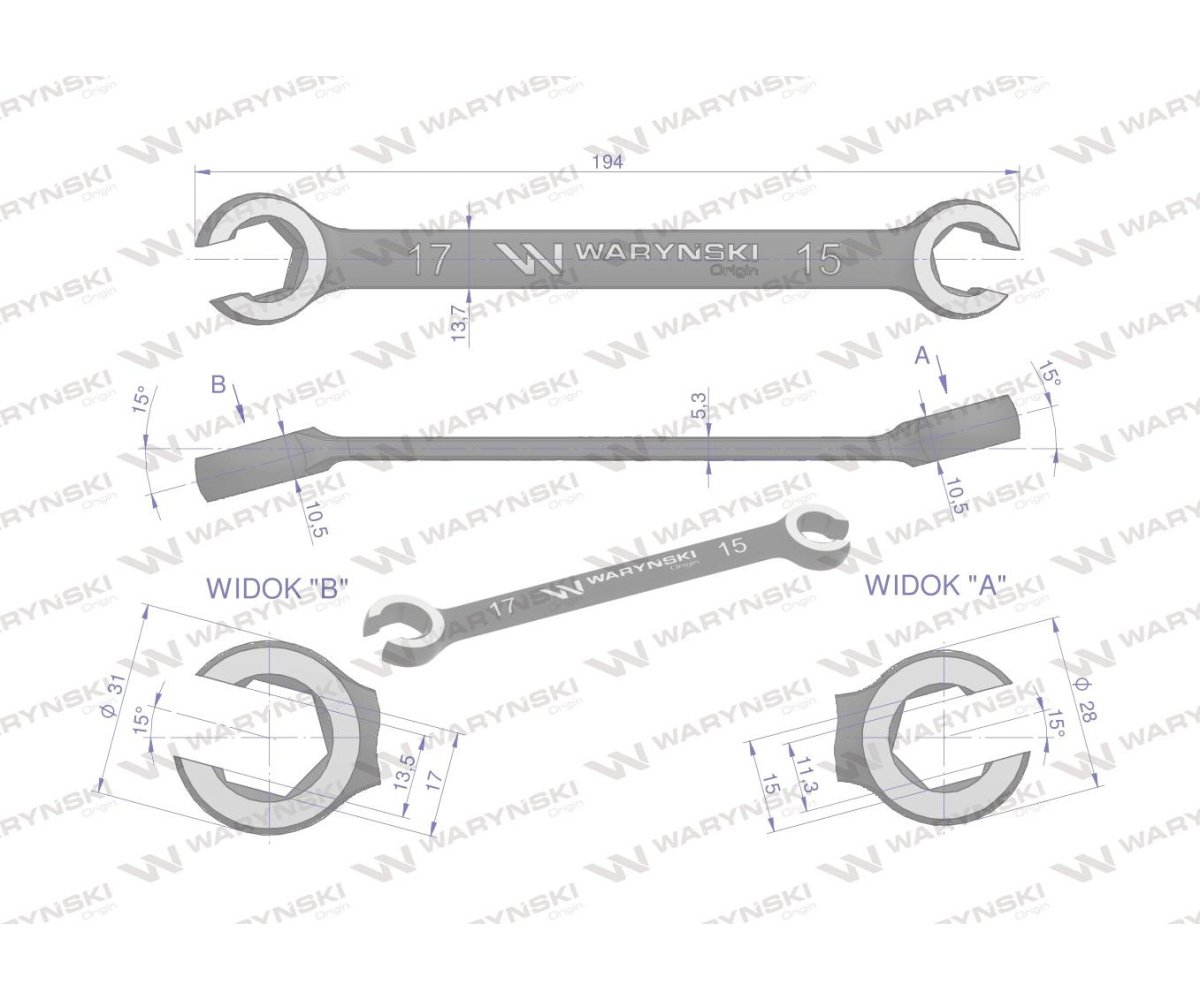 Klucz płasko oczkowy otwarty 15 x 17. Waryński
