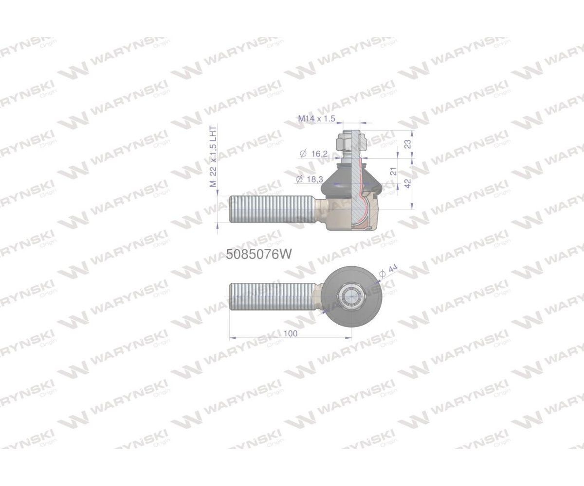 Przegub kierowniczy 100mm- M22x1,5 L 5085076 WARYŃSKI