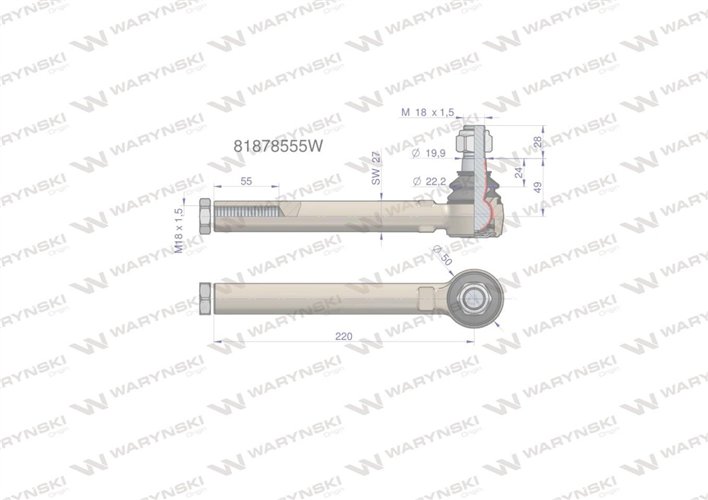 Przegub kierowniczy 220mm- M18x1,5 81878555 WARYŃSKI