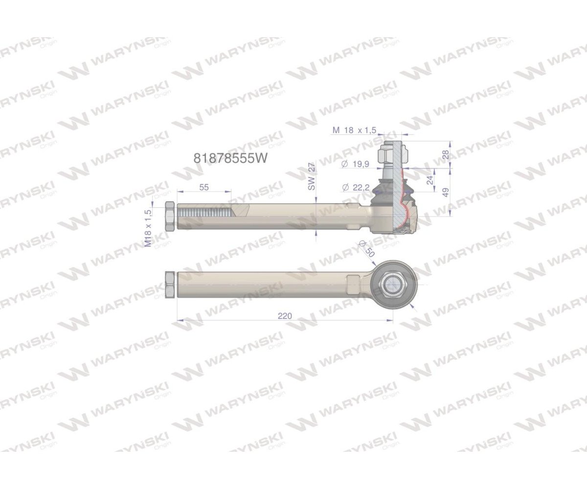 Przegub kierowniczy 220mm- M18x1,5 81878555 WARYŃSKI