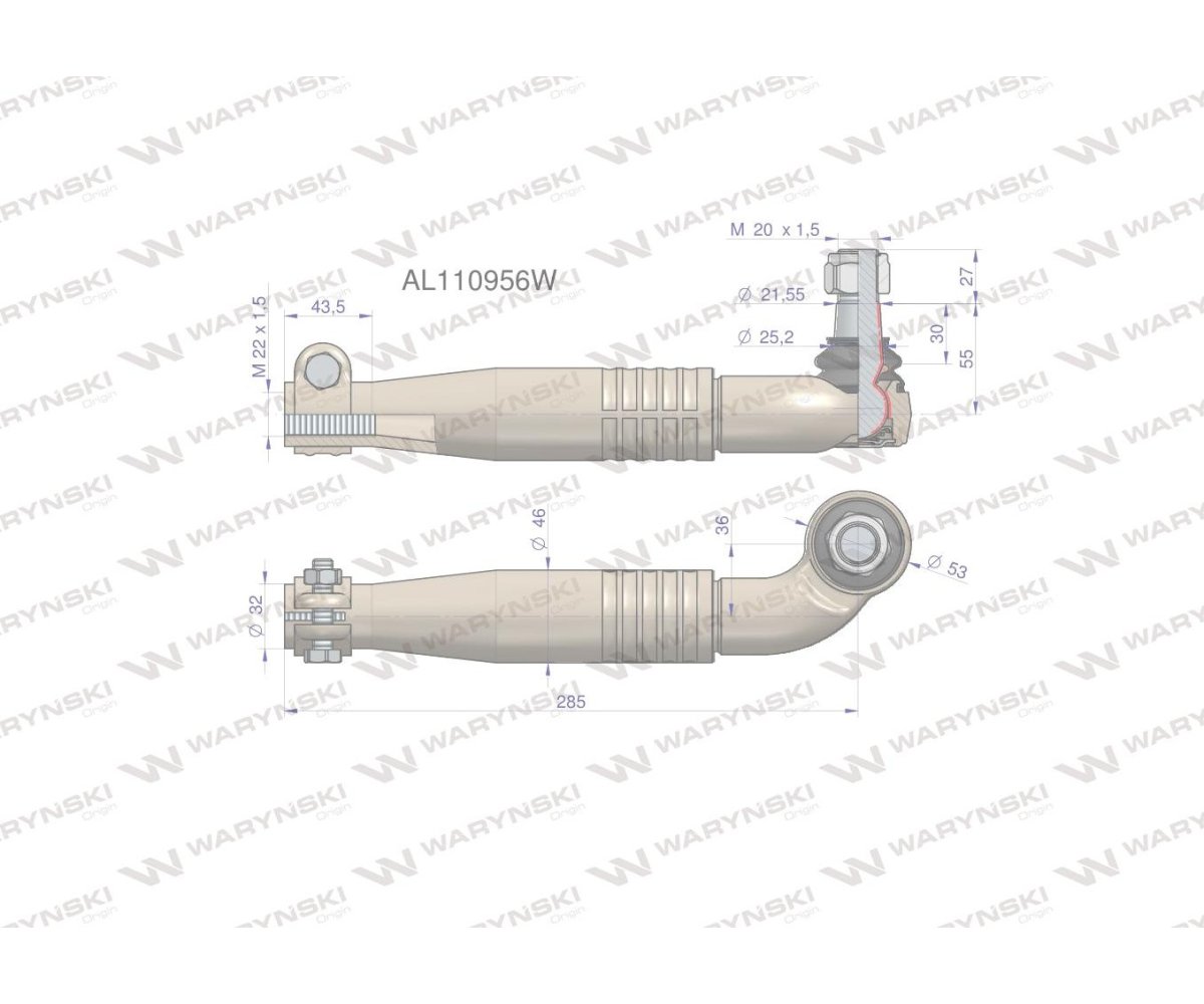 Przegub kierowniczy prawy 285mm- M22x1,5 AL110956 WARYŃSKI