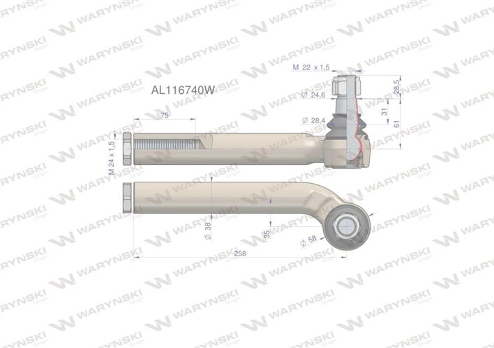 Przegub kierowniczy lewy 258mm- 24x1,5 AL116740 WARYŃSKI