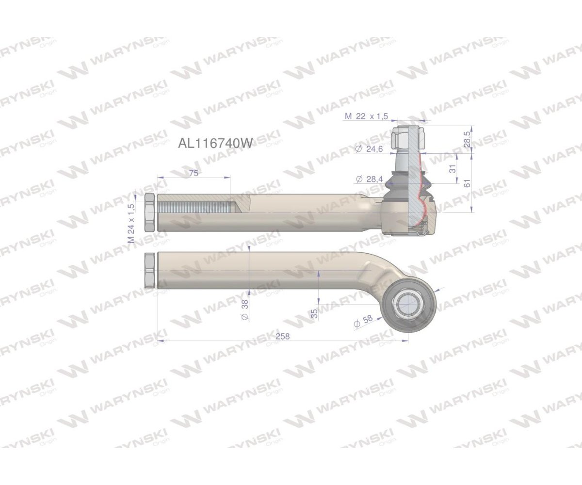 Przegub kierowniczy lewy 258mm- 24x1,5 AL116740 WARYŃSKI