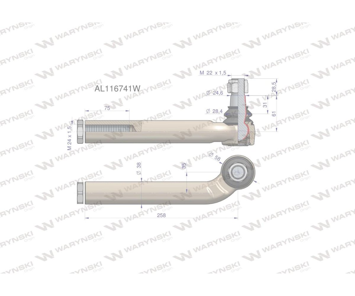 Przegub kierowniczy prawy 258mm- M24x1,5 AL116741 WARYŃSKI