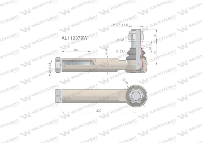 Przegub kierowniczy 220mm- M28x1,5 AL119379 WARYŃSKI