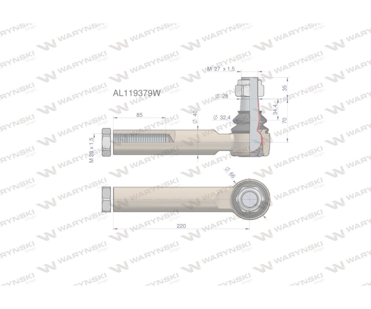 Przegub kierowniczy 220mm- M28x1,5 AL119379 WARYŃSKI