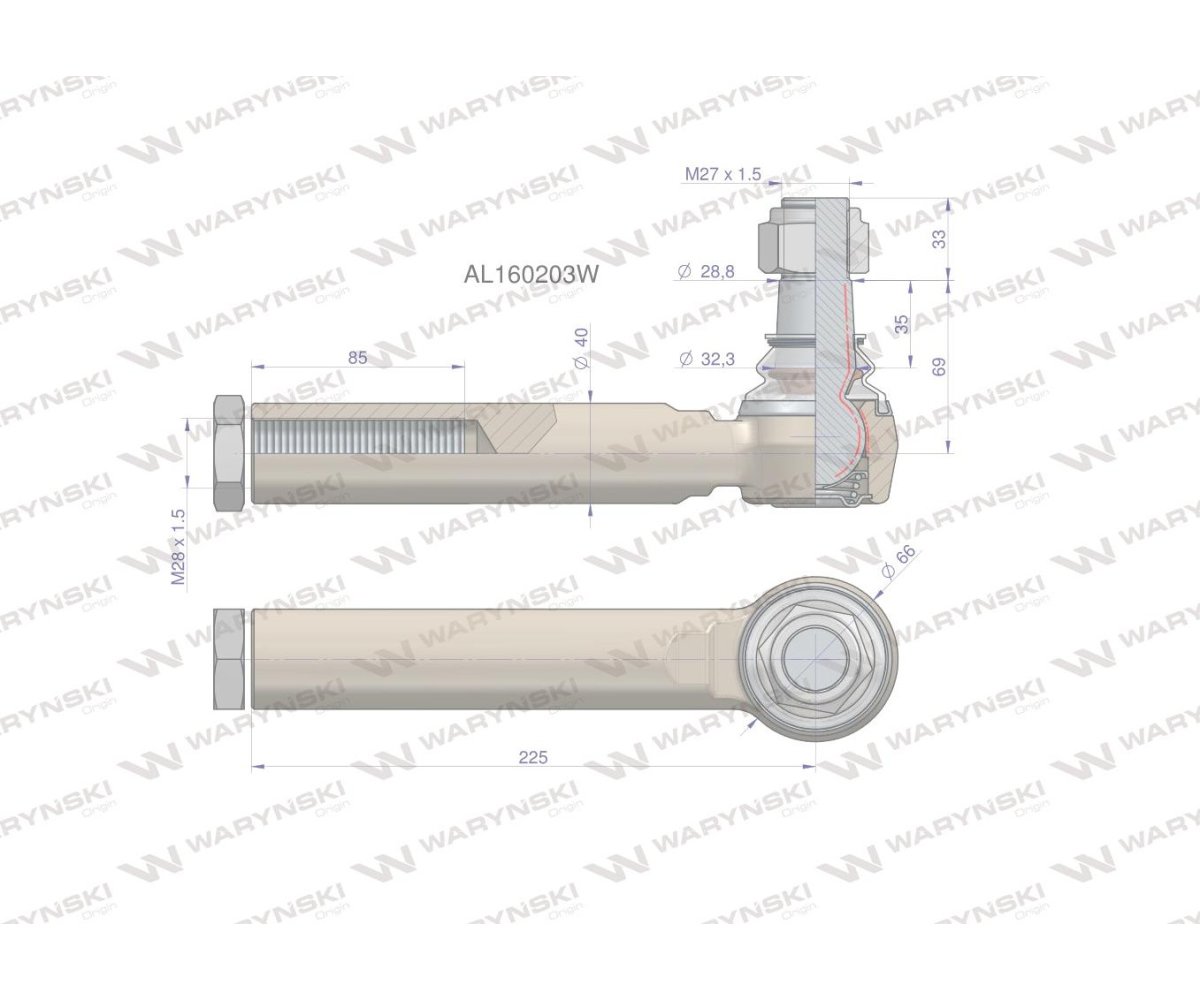 Przegub kierowniczy 225mm- M28x1,5 AL160203 WARYŃSKI