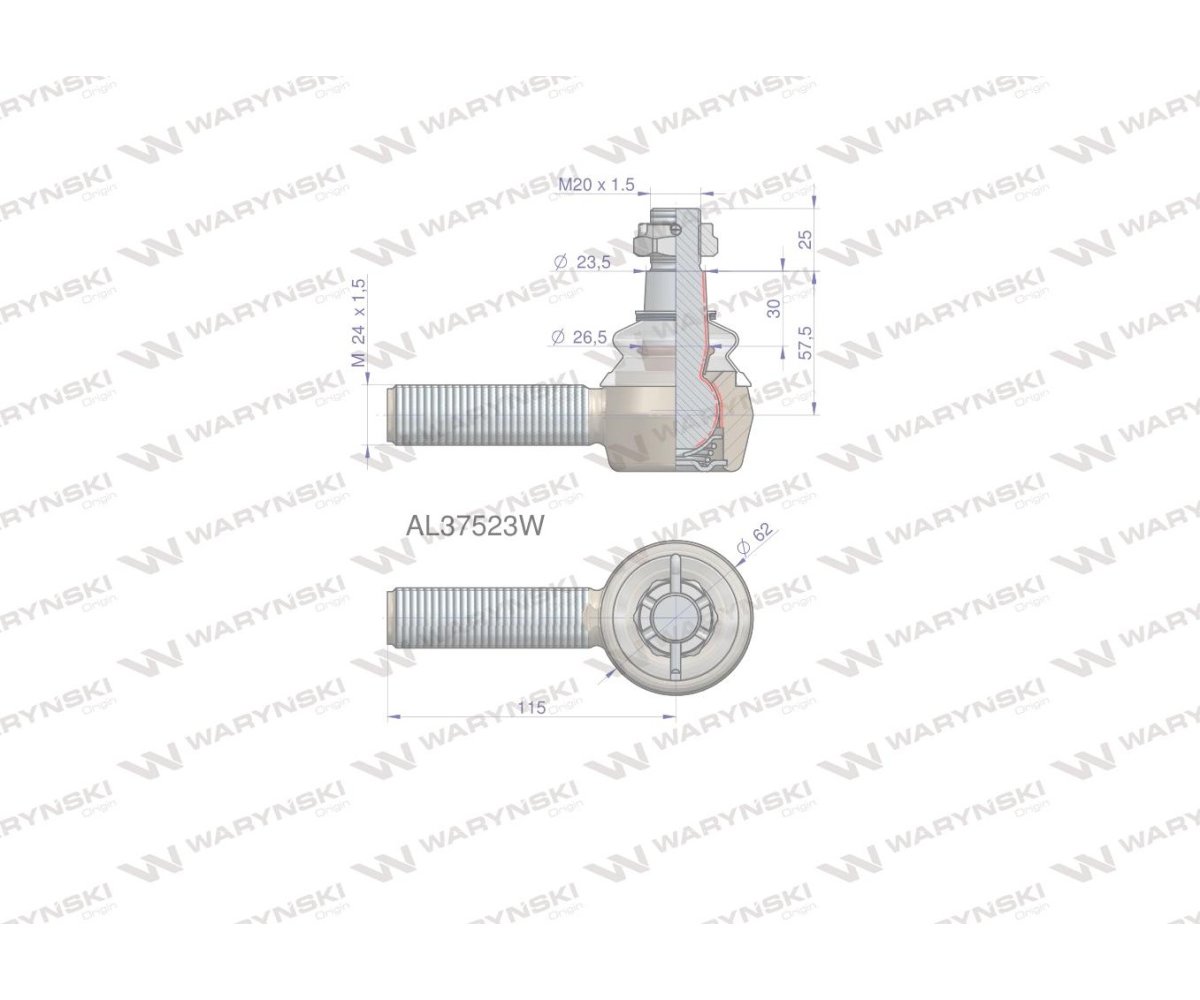 Przegub kierowniczy 115mm- M24x1,5 AL37523 WARYŃSKI