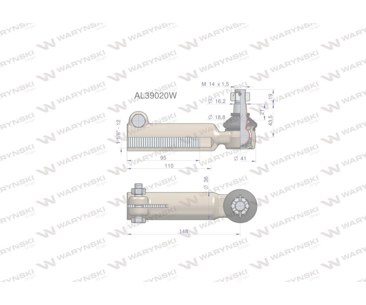 Przegub kierowniczy 148mm- M1 1/8-12 AL39020 WARYŃSKI