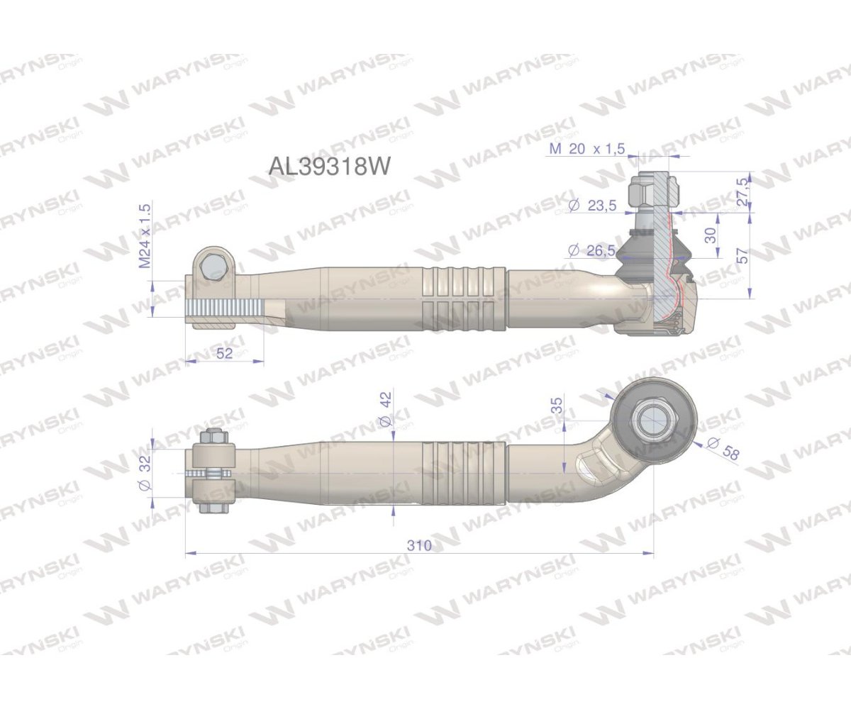 Przegub kierowniczy prawy 310mm - M24x1,5 AL39318 WARYŃSKI