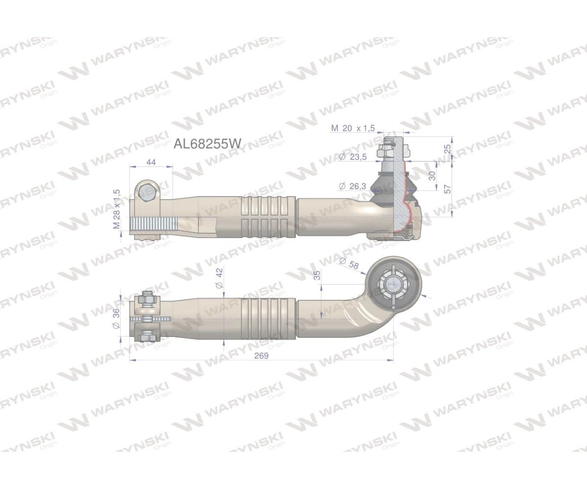 Przegub kierowniczy prawy 269mm- M28x1,5 AL68255 WARYŃSKI