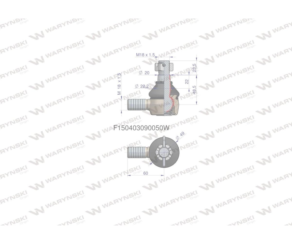 Przegub kierowniczy 60mm- M18x1,5 F150403090050 WARYŃSKI