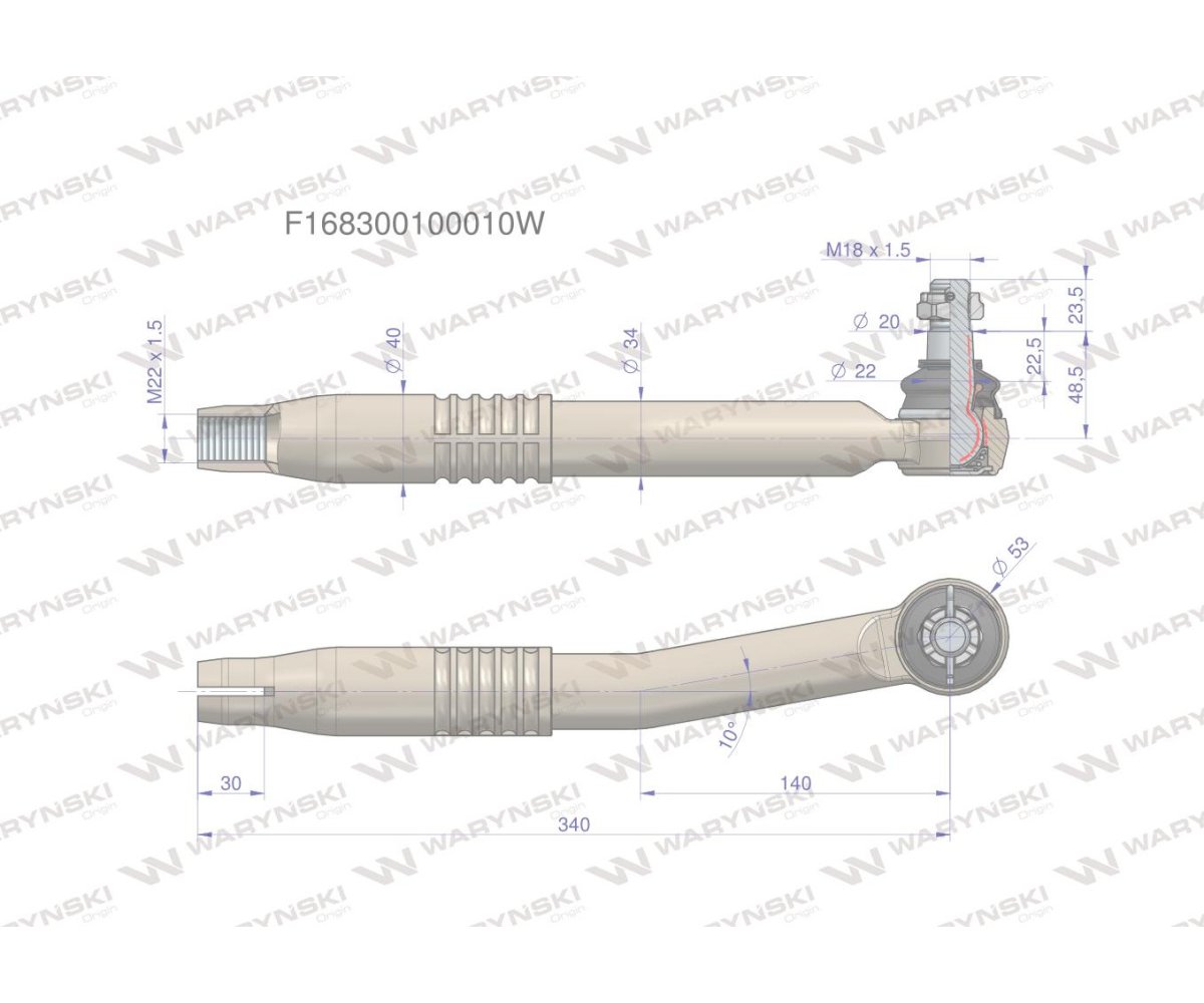 Przegub kierowniczy lewy M22x1.5 F168300100010 WARYŃSKI
