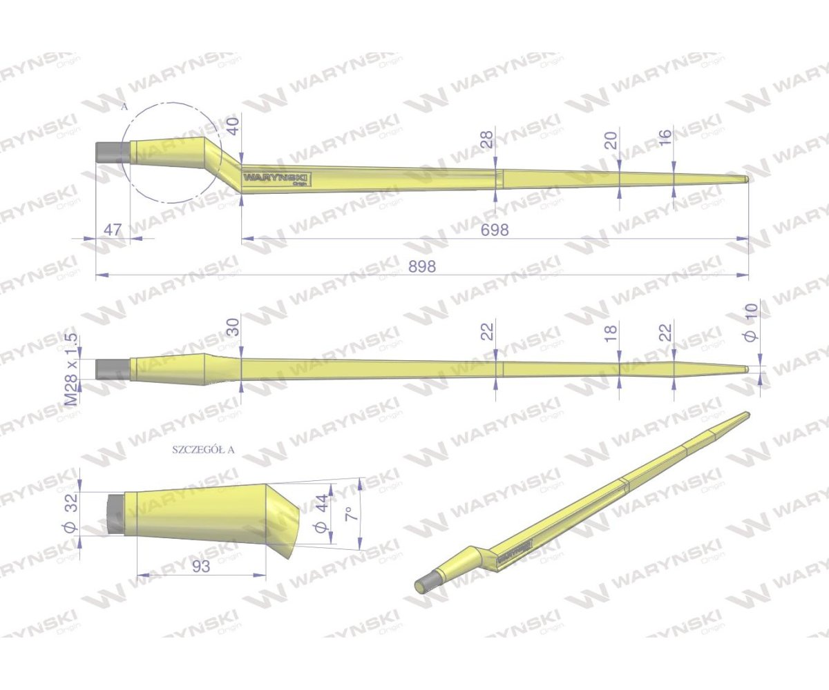 Ząb ładowacza CIĘŻKI uniwersalny Z L- 880 mm Tur na tuleję W-5791200 WARYŃSKI
