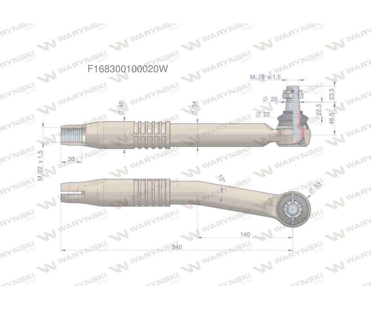 Przegub kierowniczy prawy 340mm - M22x1,5 F168300100020 WARYŃSKI