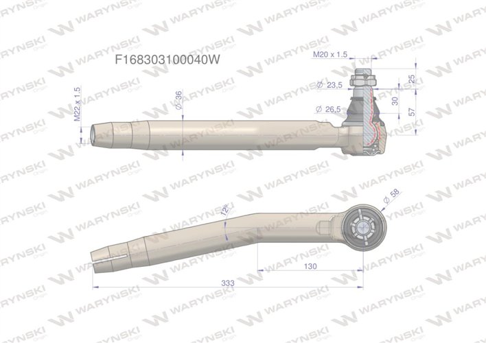 Przegub kierowniczy prawy M22x1.5 F168303100040 WARYŃSKI