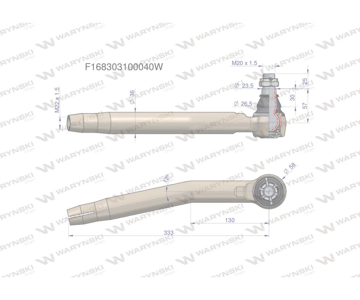 Przegub kierowniczy prawy M22x1.5 F168303100040 WARYŃSKI