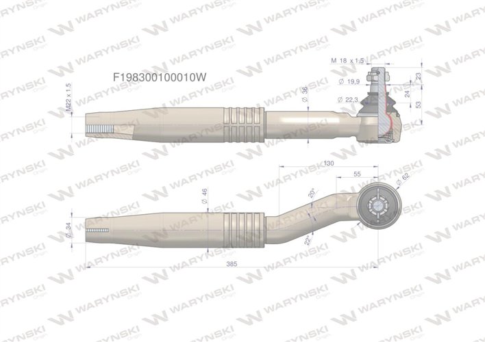 Przegub kierowniczy lewy 385mm- M22x1,5 F198300100010 WARYŃSKI