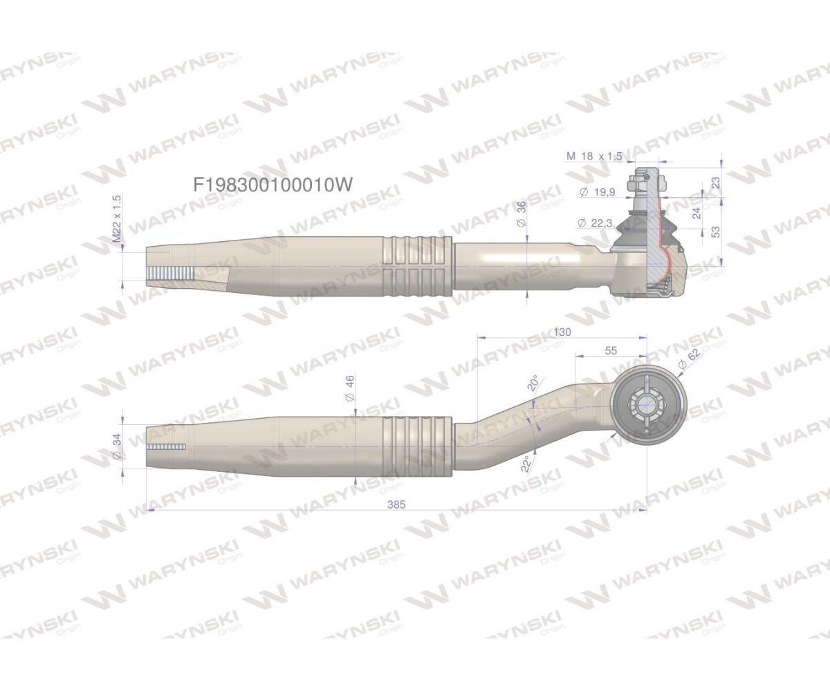 Przegub kierowniczy lewy 385mm- M22x1,5 F198300100010 WARYŃSKI