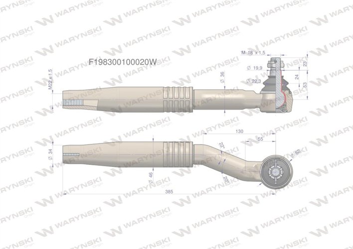 Przegub kierowniczy prawy 385mm- M22x1,5 F198300100020 WARYŃSKI
