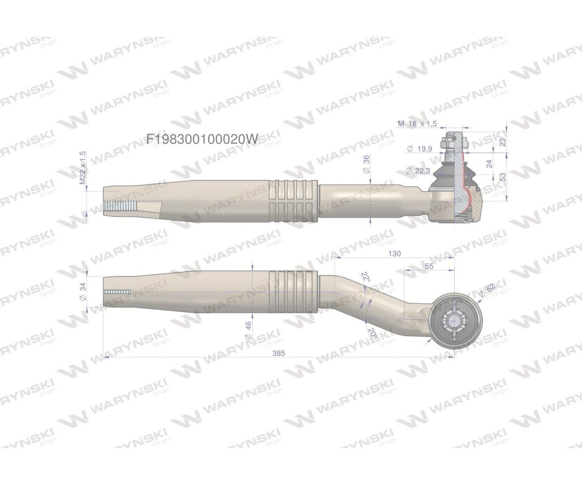 Przegub kierowniczy prawy 385mm- M22x1,5 F198300100020 WARYŃSKI