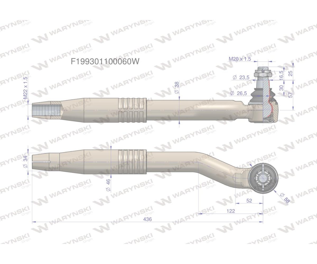 Przegub kierowniczy prawy M22x1.5 F199301100060 WARYŃSKI