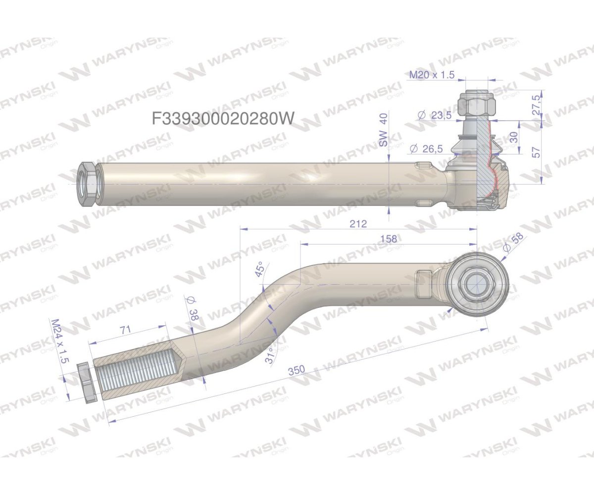 Przegub kierowniczy prawy M24x1.5 F339300020280 WARYŃSKI