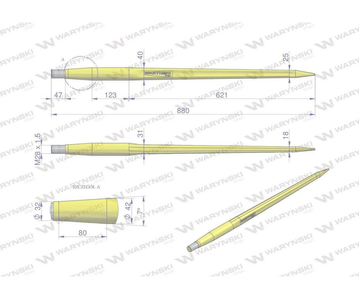 Ząb ładowacza CIĘŻKI uniwersalny prosty L- 880 mm Tur na tuleję W-5791200 WARYŃSKI