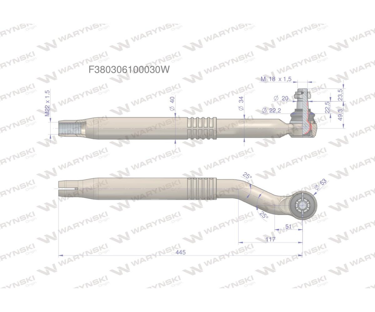 Przegub kierowniczy prawy M22 x 1.5 F380306100030 WARYŃSKI