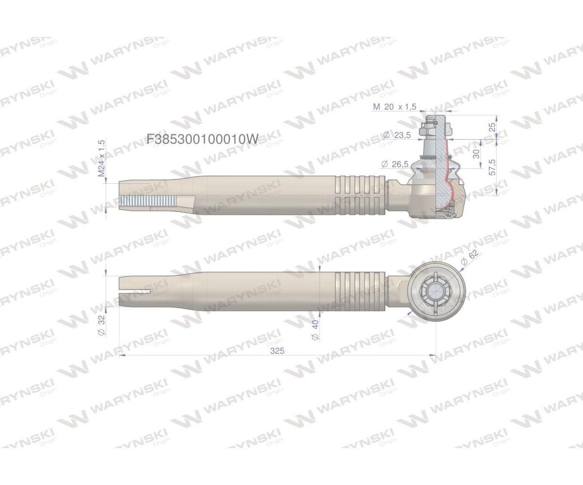 Przegub kierowniczy prawy/lewy 325mm- M24x1,5 F385300100010 WARYŃSKI