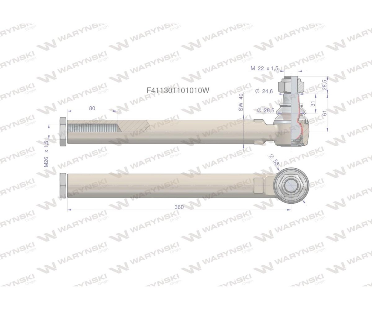 Przegub kierowniczy prawy/lewy 360mm- M26x1,5 F411301101010 WARYŃSKI