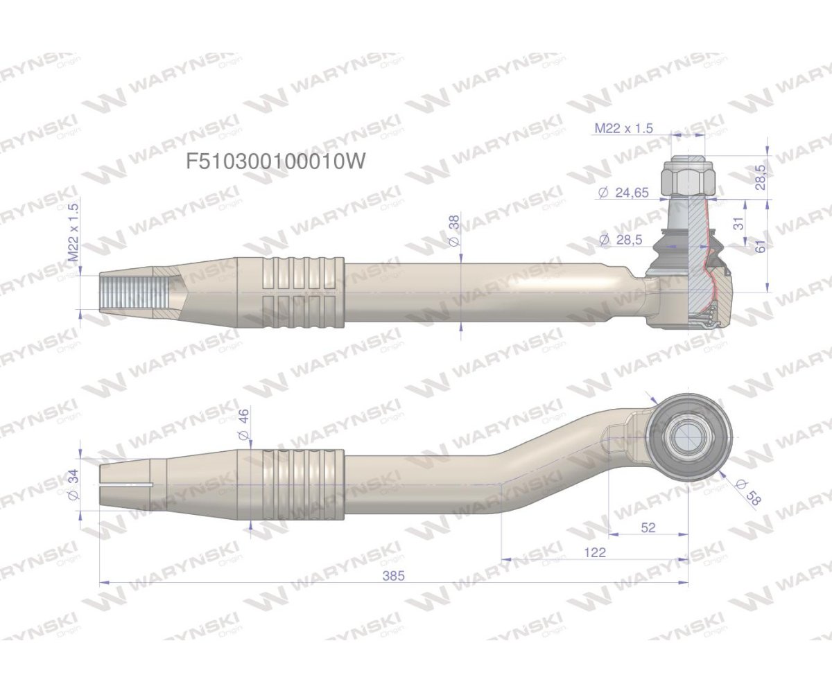 Przegub kierowniczy lewy M22x1.5 F510300100010 WARYŃSKI