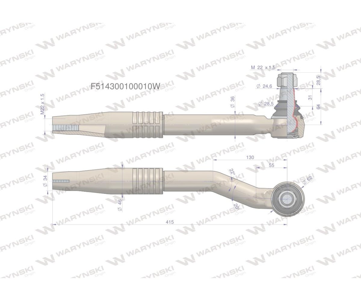 Przegub kierowniczy prawy 415mm- M22x1,5 F514300100010 WARYŃSKI