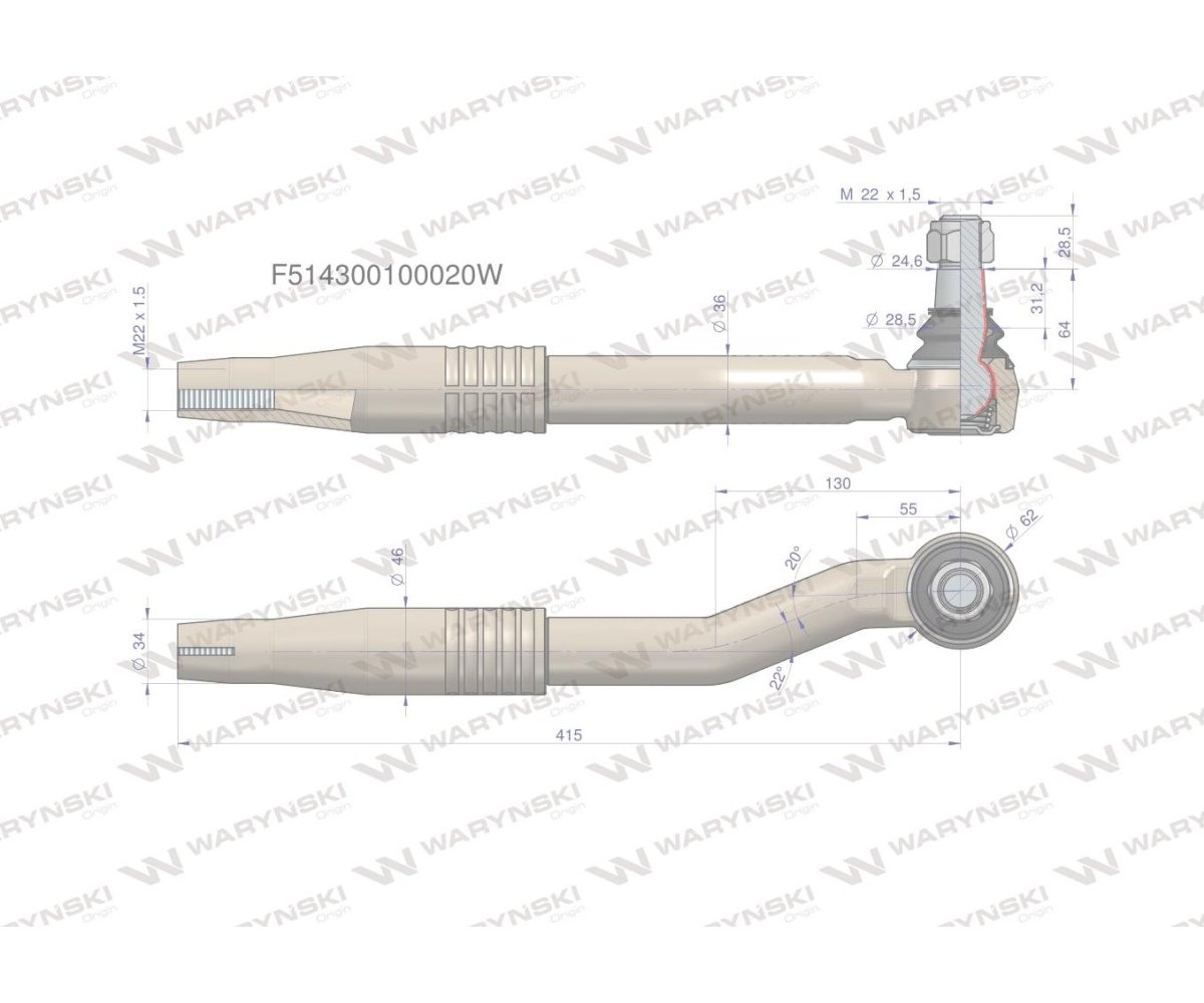 Przegub kierowniczy lewy 415mm- M22x1,5 F514300100020 WARYŃSKI
