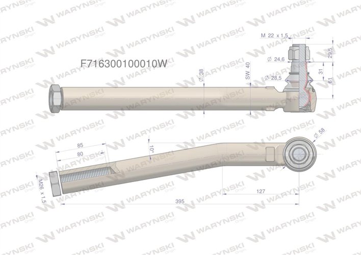 Przegub kierowniczy lewy 395mm- M26x1,5 F716300100010 WARYŃSKI