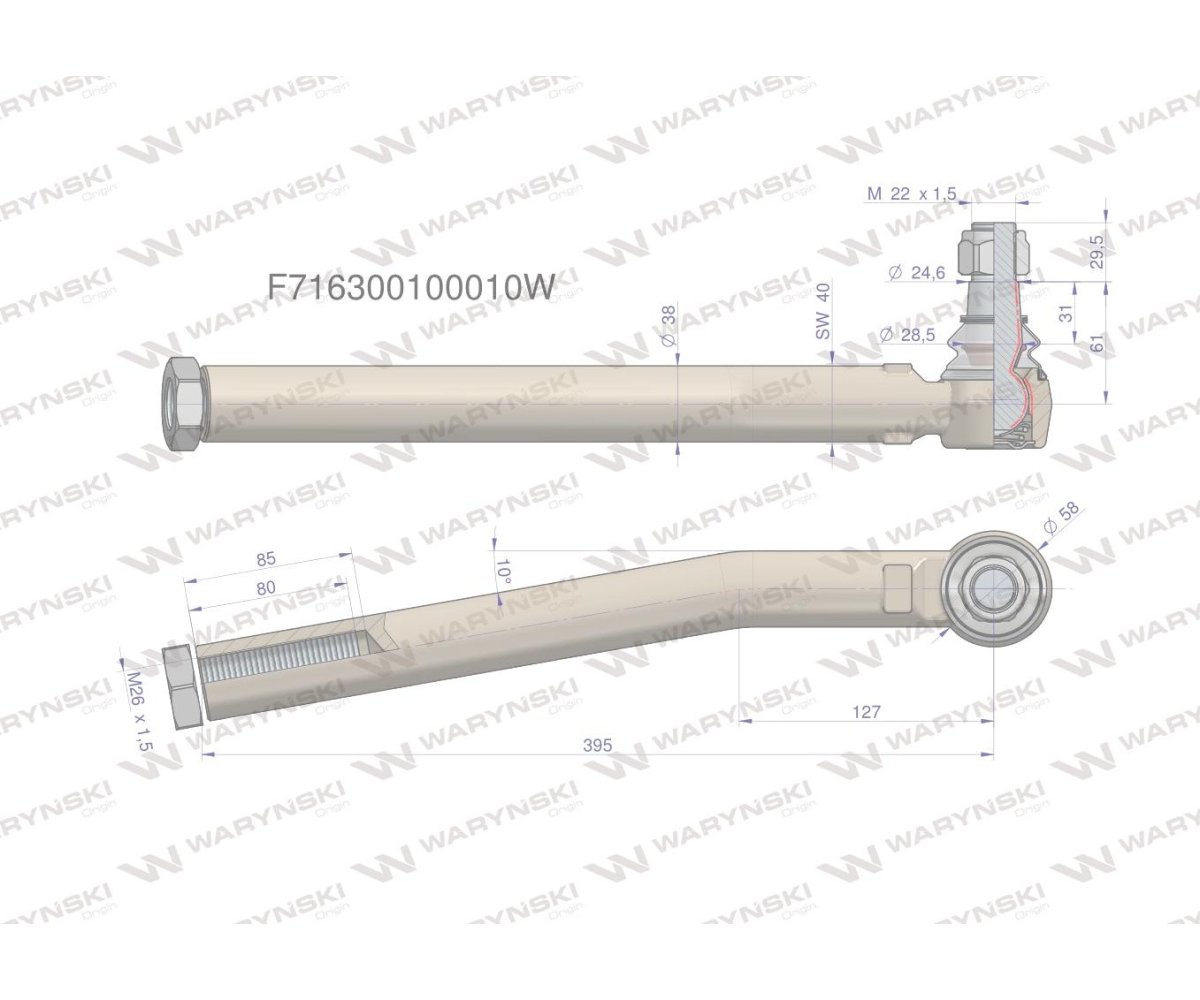 Przegub kierowniczy lewy 395mm- M26x1,5 F716300100010 WARYŃSKI