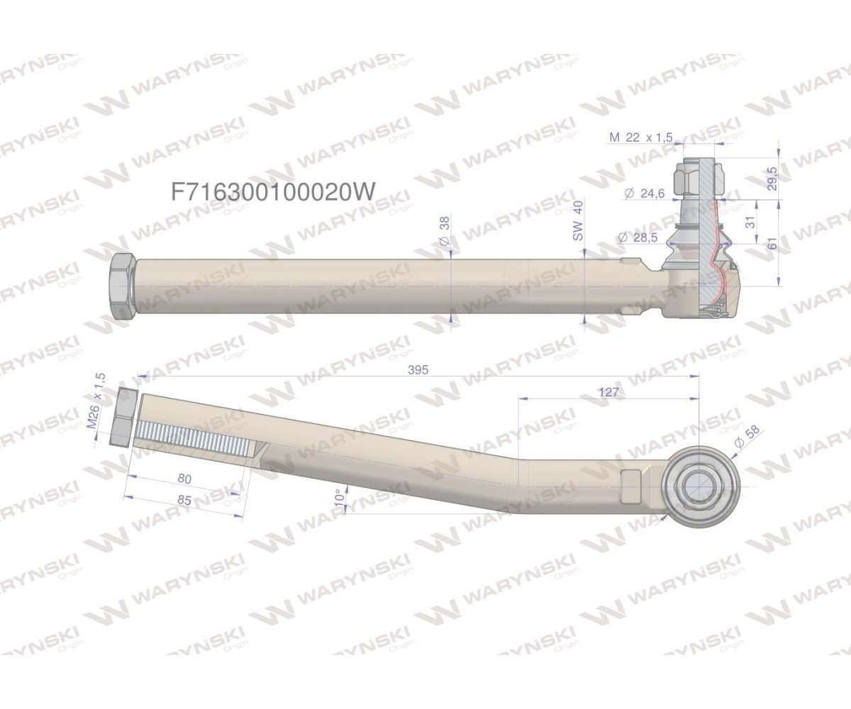 Przegub kierowniczy prawy 395mm- M26x1,5 F716300100020 WARYŃSKI