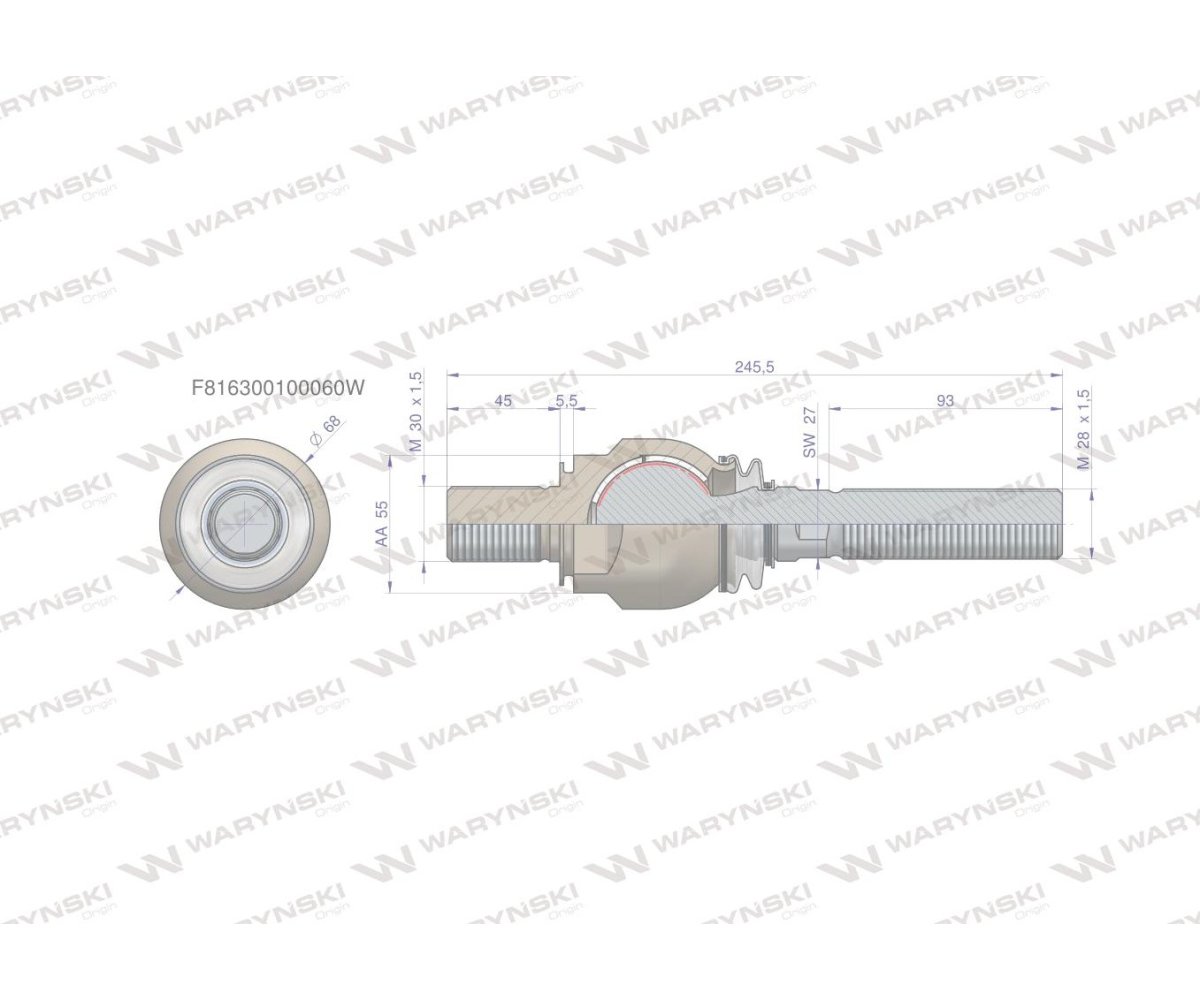 Przegub kierowniczy 245,5mm- M30x1,5 M28x1,5 F816300100060 WARYŃSKI