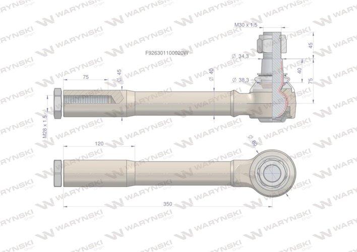 Przegub kierowniczy prawy/lewy 350mm- M28x1,5 F926301100020 WARYŃSKI