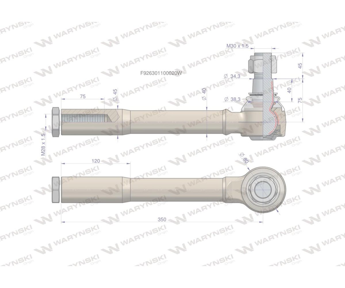 Przegub kierowniczy prawy/lewy 350mm- M28x1,5 F926301100020 WARYŃSKI