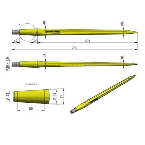 Ząb ładowacza CIĘŻKI uniwersalny prosty L- 780 mm Tur na tuleję W-5791200 WARYŃSKI