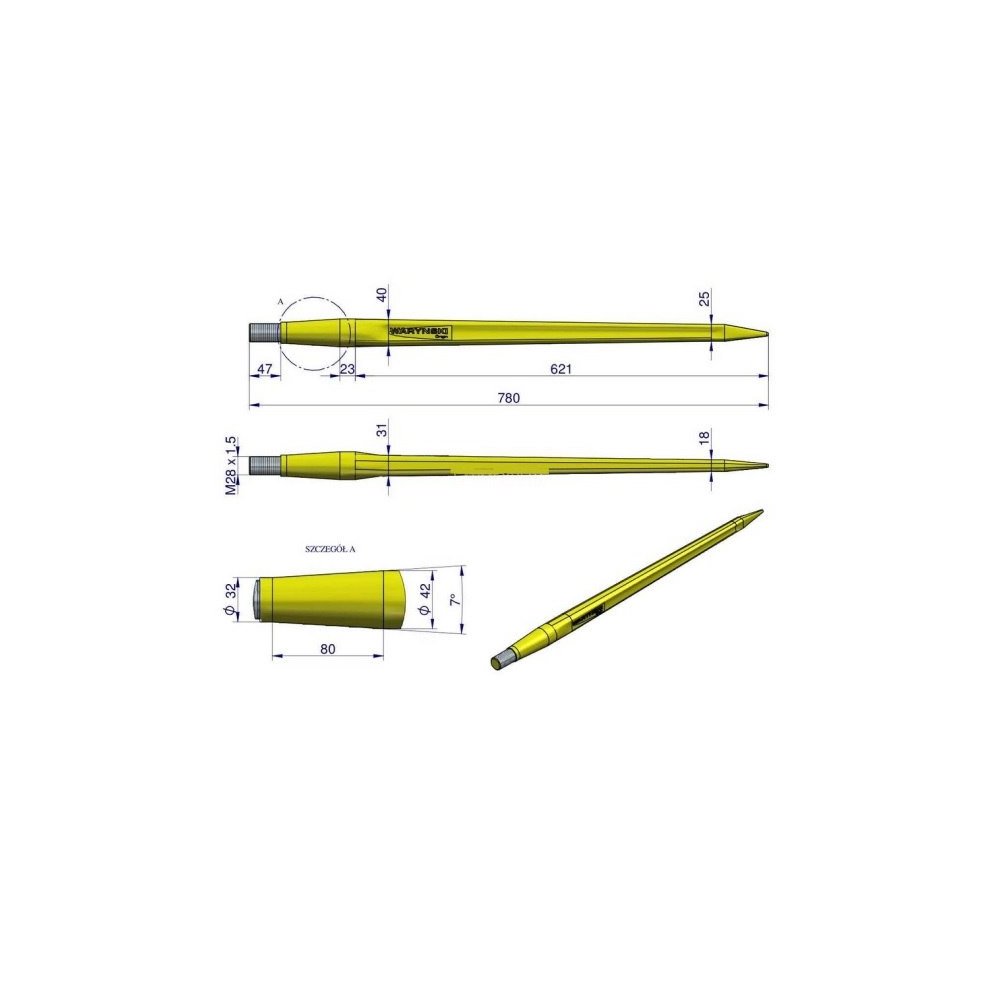 Ząb ładowacza CIĘŻKI uniwersalny prosty L- 780 mm Tur na tuleję W-5791200 WARYŃSKI