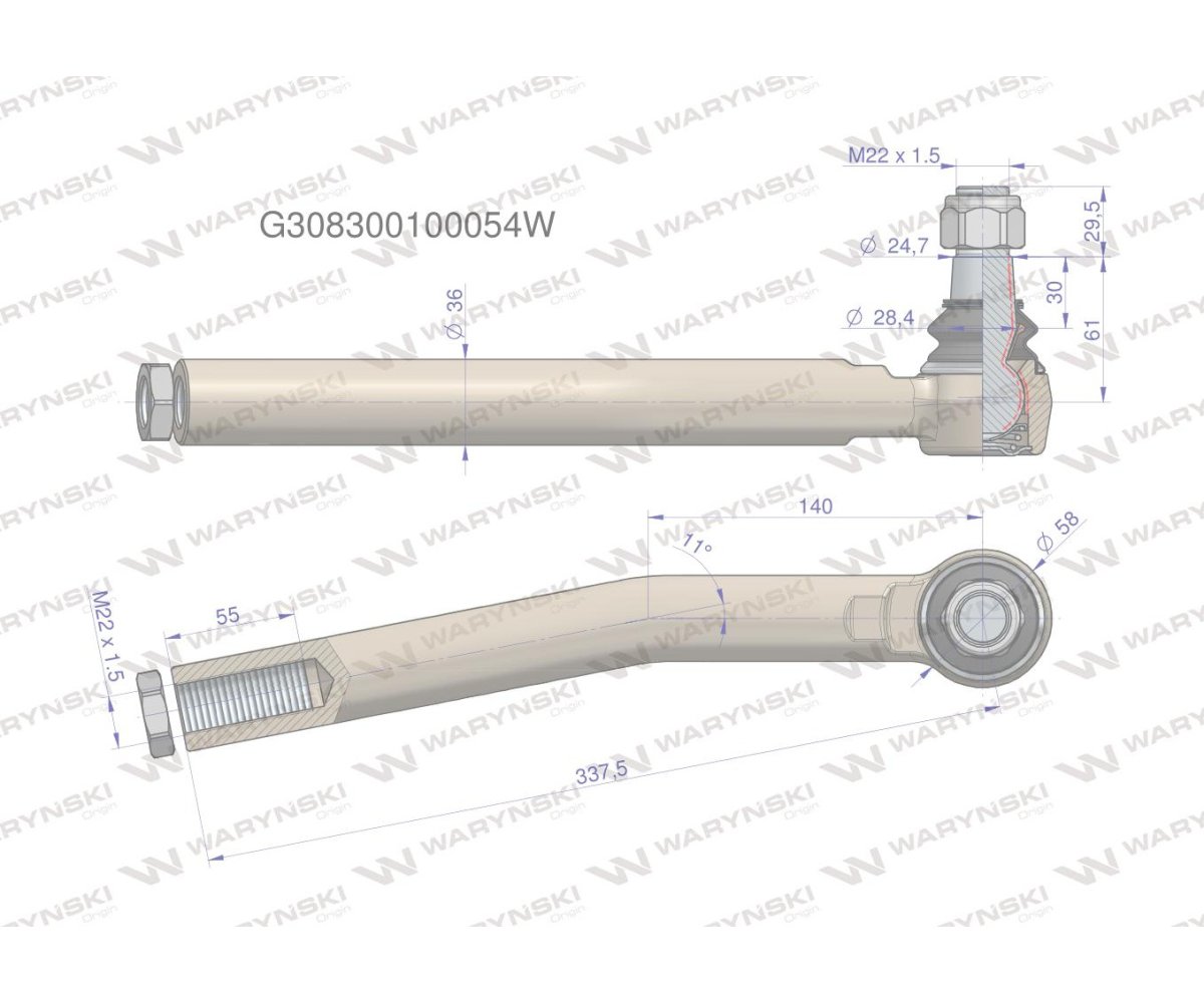 Przegub kierowniczy prawy M22x1.5 G308300100054 WARYŃSKI