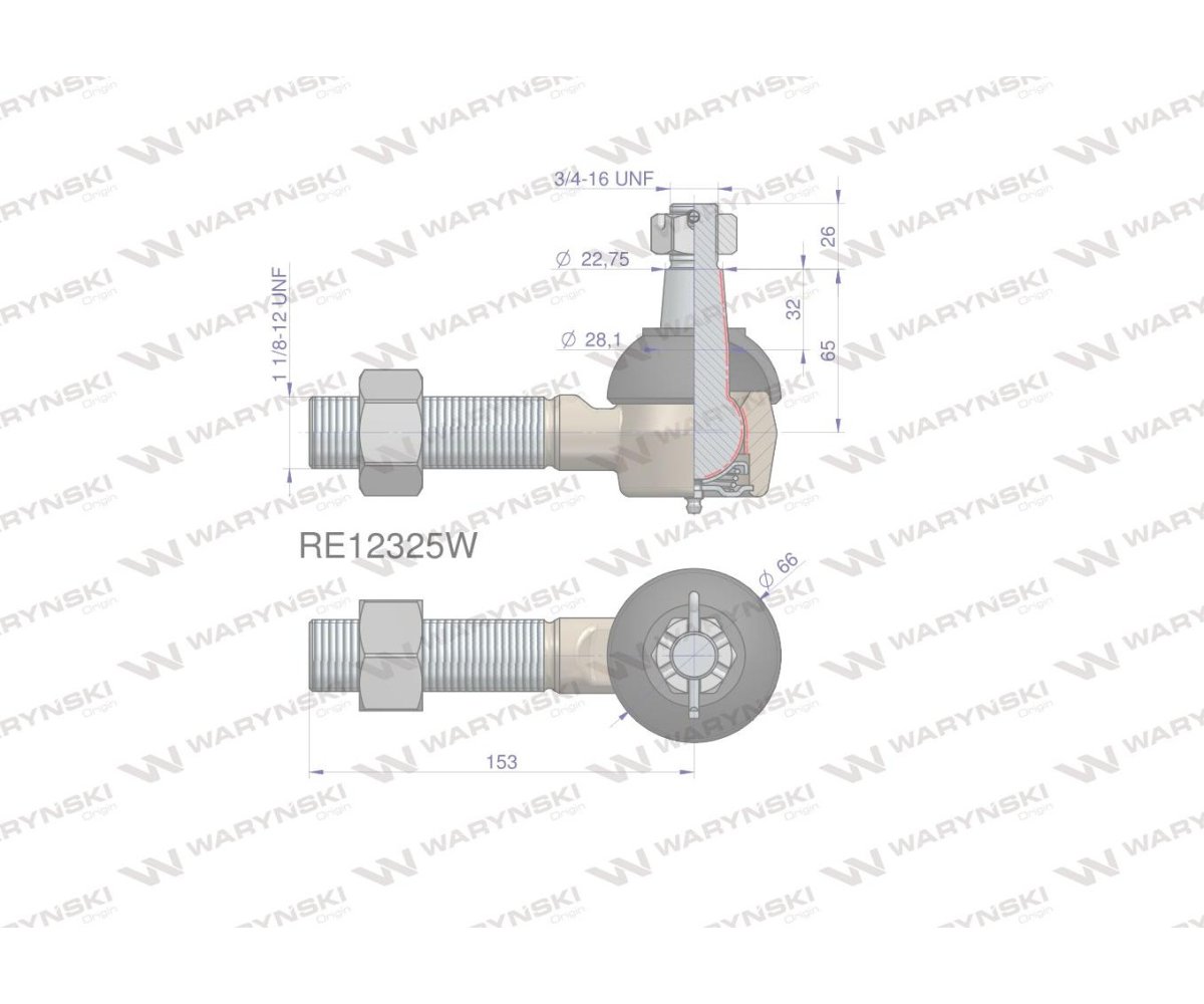Przegub kierowniczy 153mm- 1 1/8-12 RE12325 WARYŃSKI