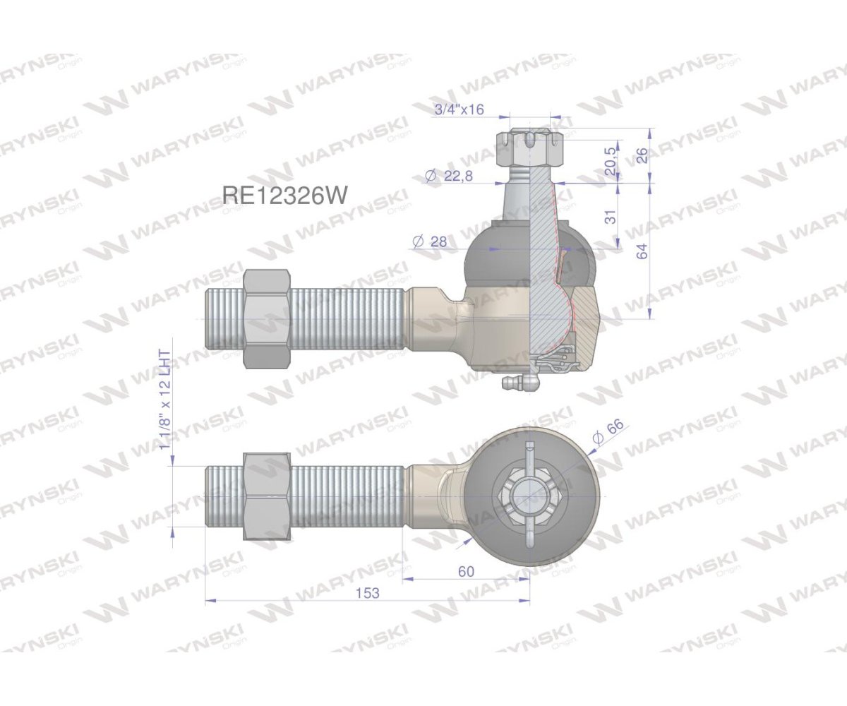 Przegub kierowniczy 153mm - 1 1/8"L RE12326 WARYŃSKI