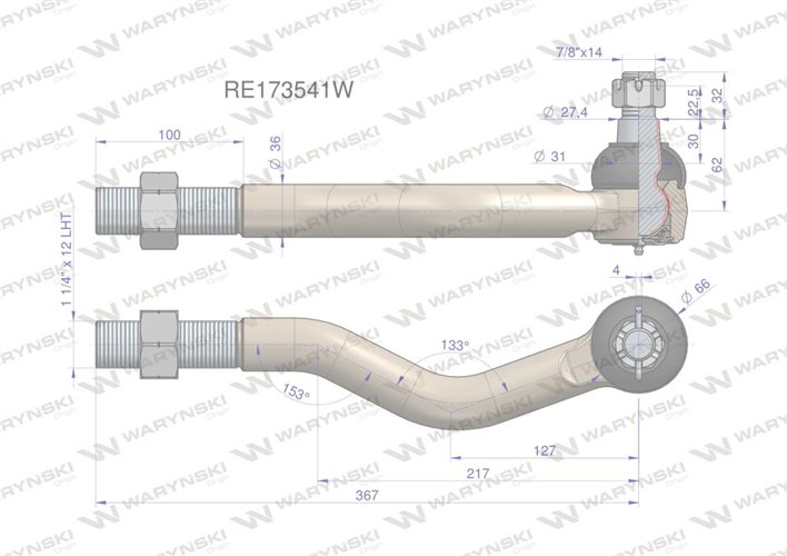 Przegub kierowniczy lewy 367mm - 1 1/4" RE173541 WARYŃSKI