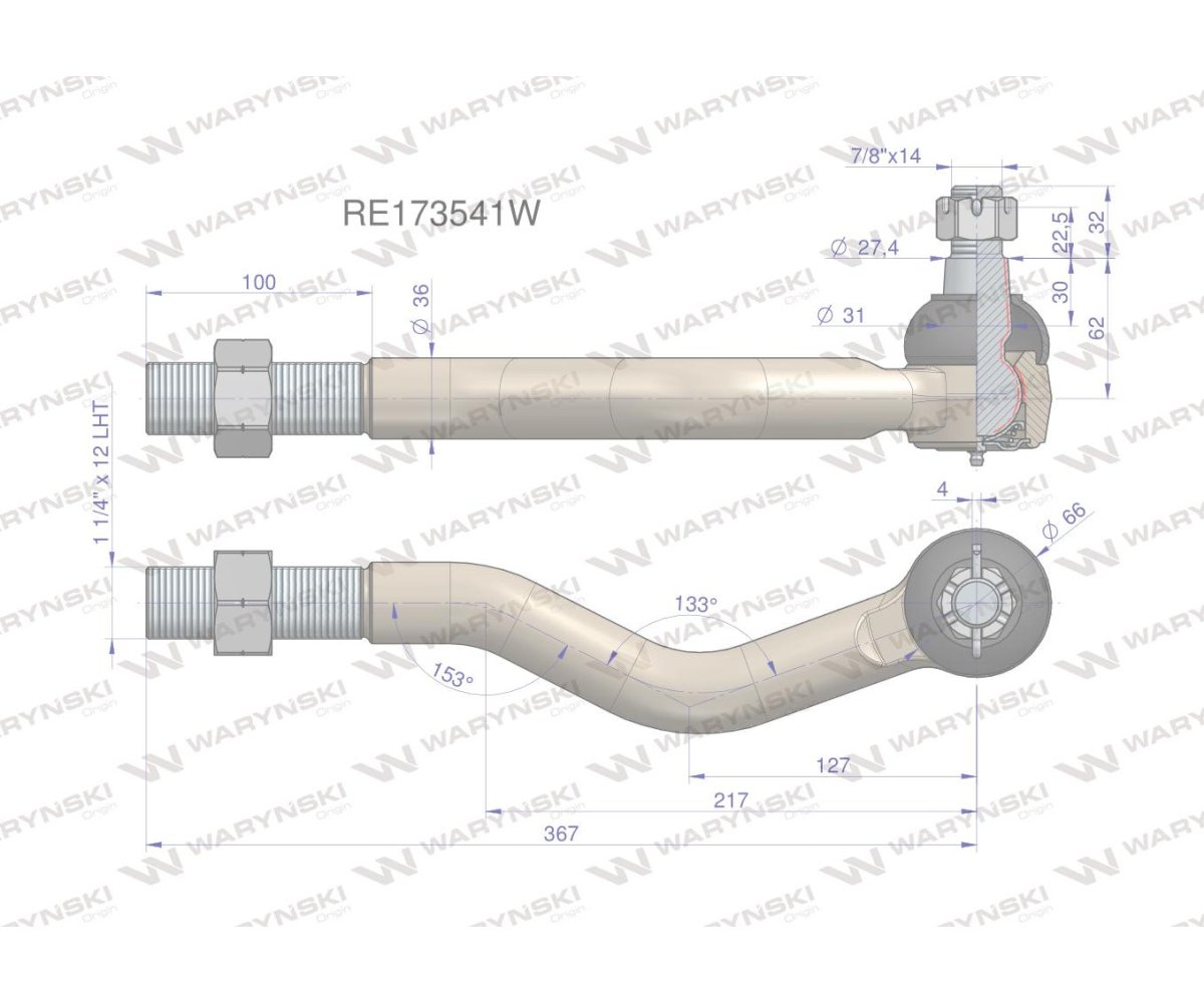 Przegub kierowniczy lewy 367mm - 1 1/4" RE173541 WARYŃSKI