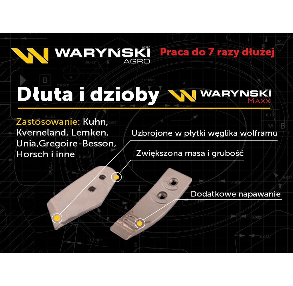 Dłuto. nakładka lemiesza lewa zastosowanie Kverneland z węglikiem wolframu WARYŃSKI MAXX